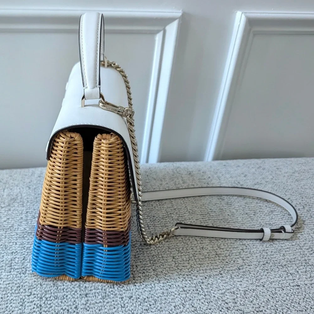 Kate Spade Romy Wicker Medium Top Handle Bag White Blue Woven